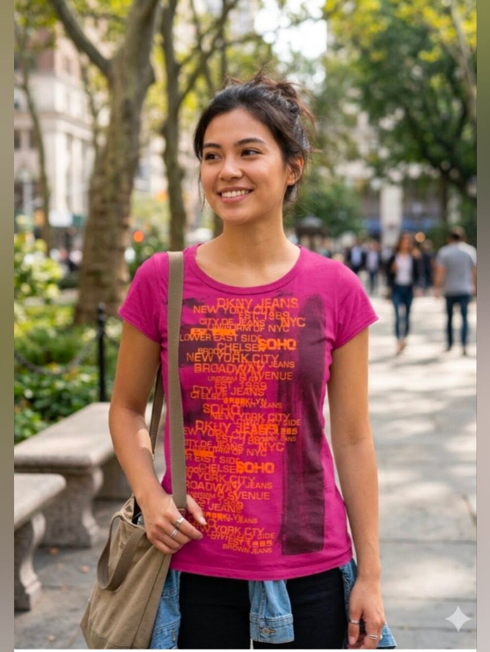 Set of 2 2010 DKNY 100% Cotton Short Sleeve Graphic T Shirts Pink Purple Size S